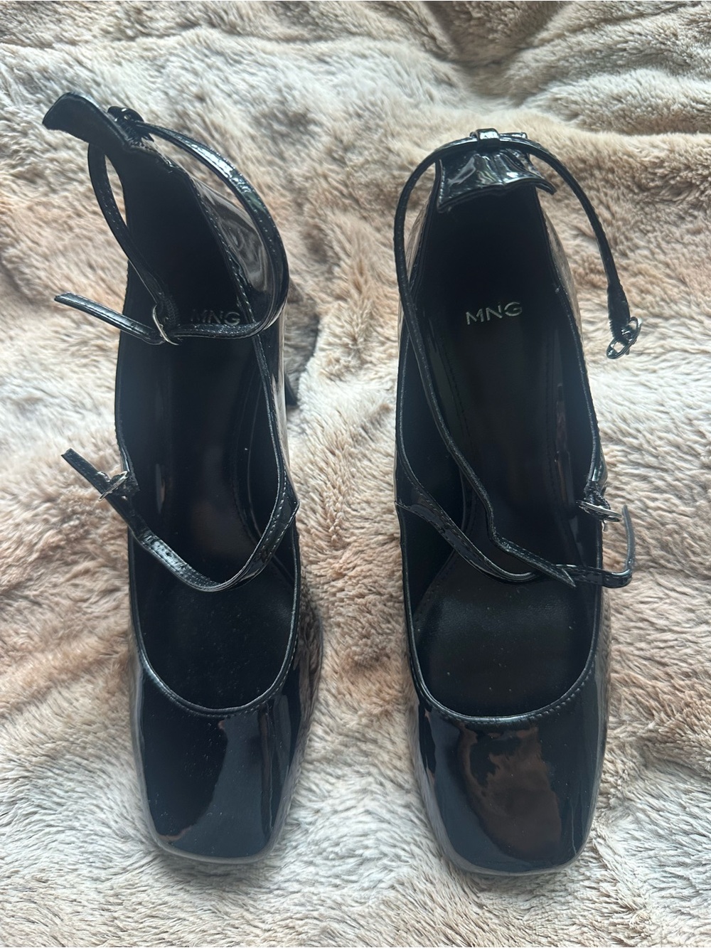 Mango Black Patent Square-Toe Ankle-Strap Heels with Double Straps